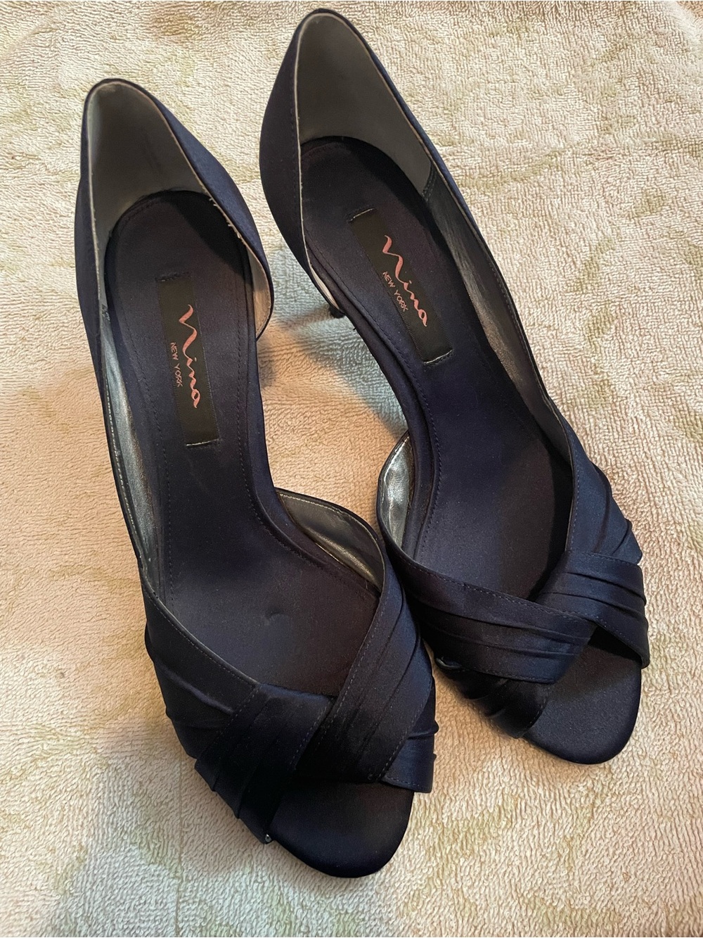 Nina New York - Navy Satin Peep-toe Kitten Heels with Leather Soles - Size 9